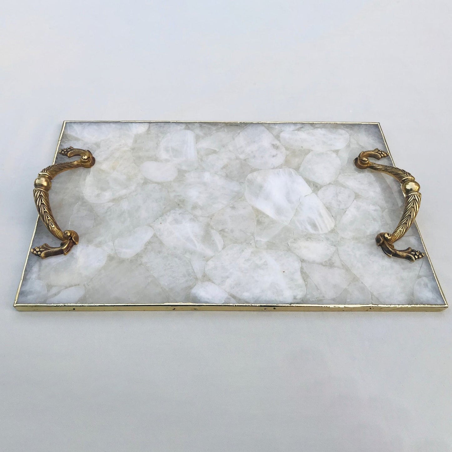 White Agate Serving Tray With Brass Handles-2