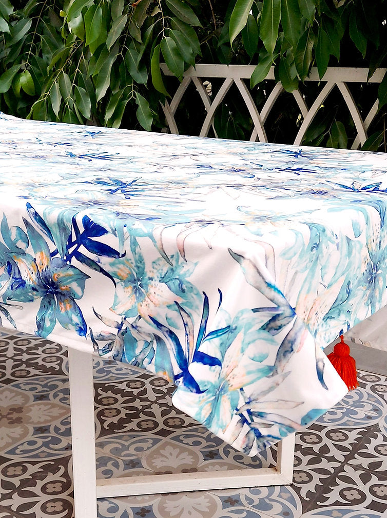 Blue Lily Print Tablecloth | GOTS Certified Organic Cotton | Various Sizes-4
