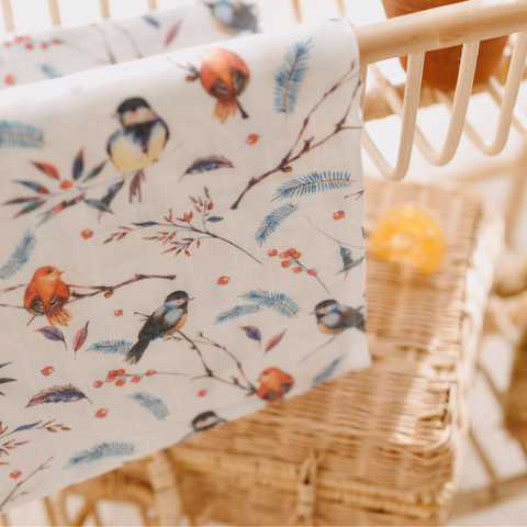 Muslin Square Baby Burp Cloth - Set of 3 - Robin Birds