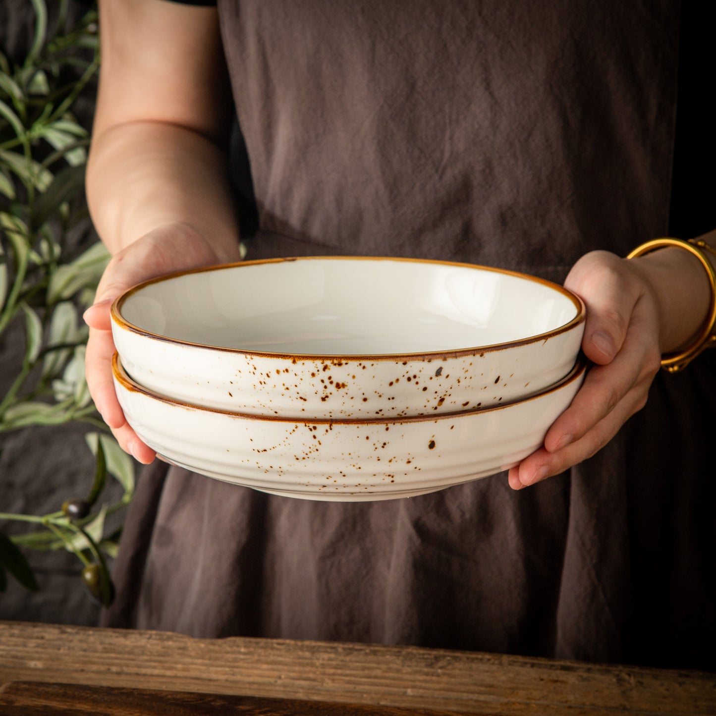 Multipurpose Porcelain Bowls - Set of 2 White Rustic Speckled Design-4
