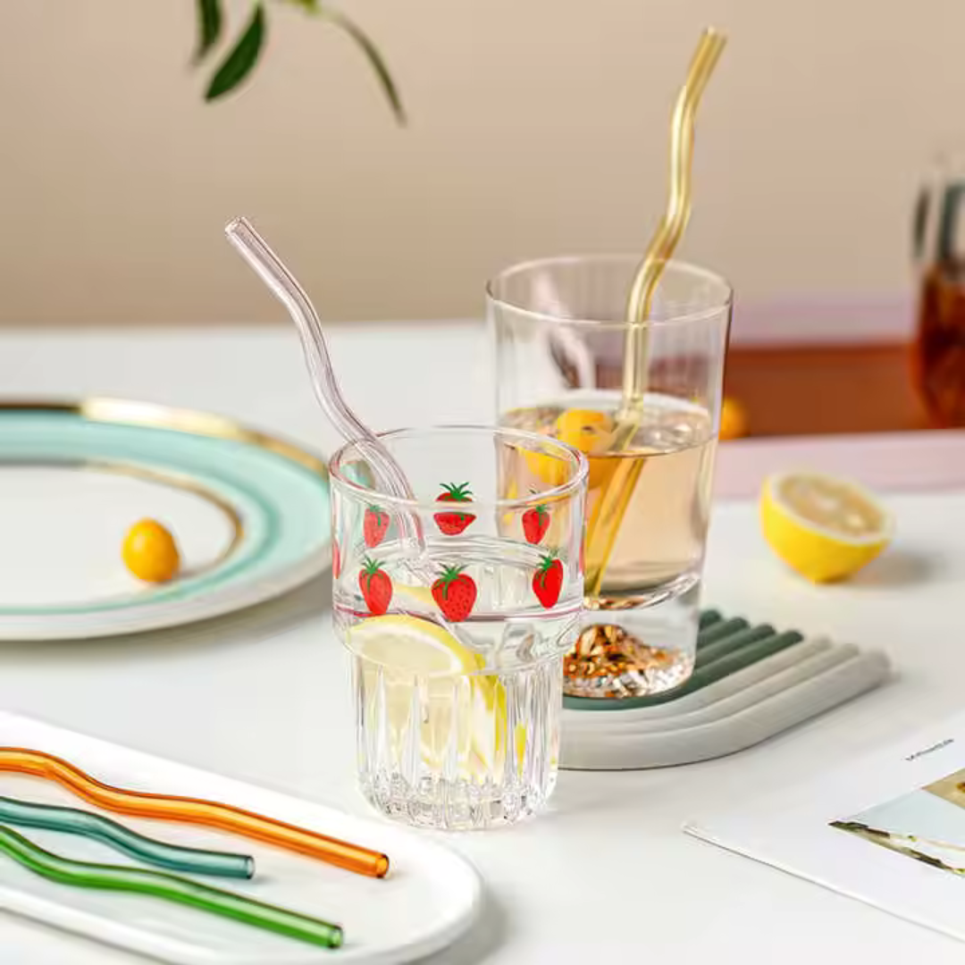 Wavy Glass Drinking Straws Set – Reusable & Colourful (Pack of 4)