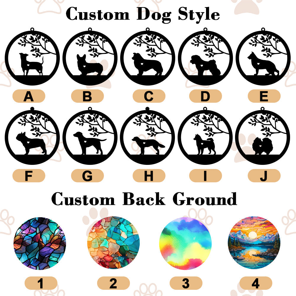 Personalized Dog Memorial Suncatcher Options: Various dog breeds and background styles for custom pet loss gifts.