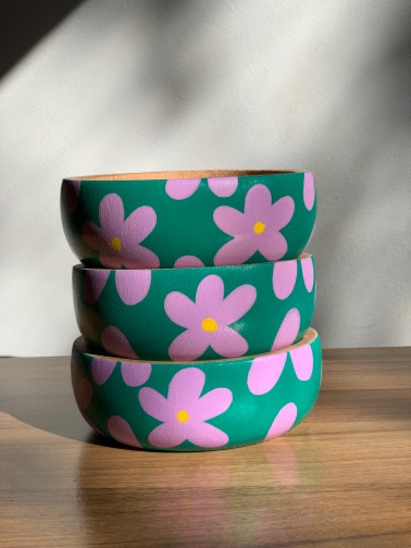 Handmade Solid Wooden Bowl Hand Painted Bowl - Petunia