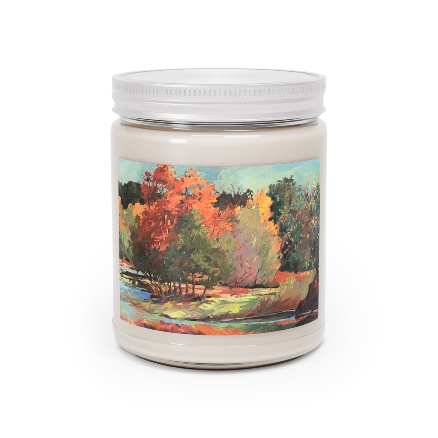 9oz Eco-Friendly Scented or Unscented Soy Wax Candle Jar  with 'Fall River' Artwork by American Artist Barbara Cleary (Fall Collection)