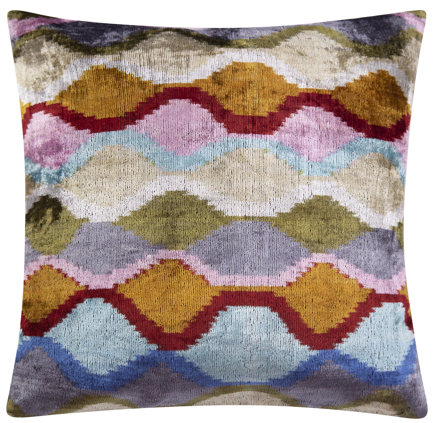 Handmade Velvet Throw Pillow - 16x16 Inches, Naturally Vegetable-Dyed, Premium Down Feather Insert - Multicolor Wave Pattern, Luxury Home Decor Accent-0
