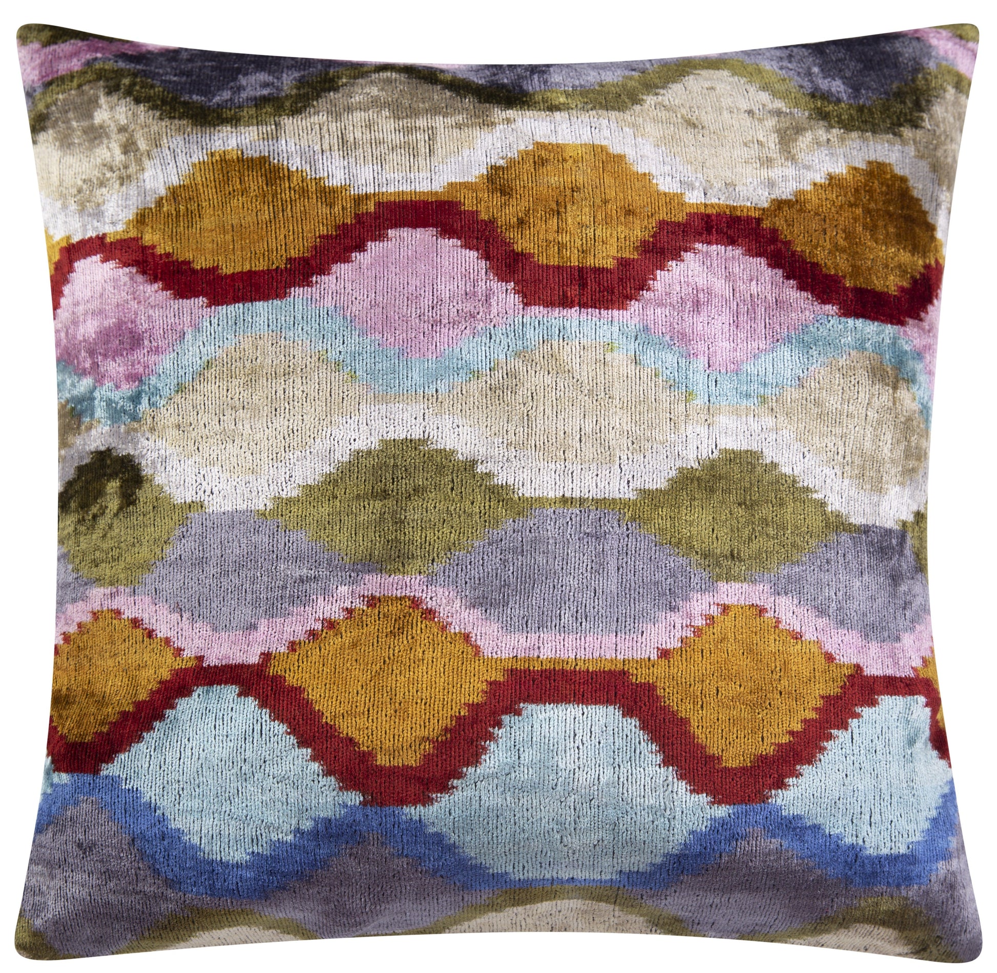 Handmade Velvet Throw Pillow - 16x16 Inches, Naturally Vegetable-Dyed, Premium Down Feather Insert - Multicolor Wave Pattern, Luxury Home Decor Accent-0
