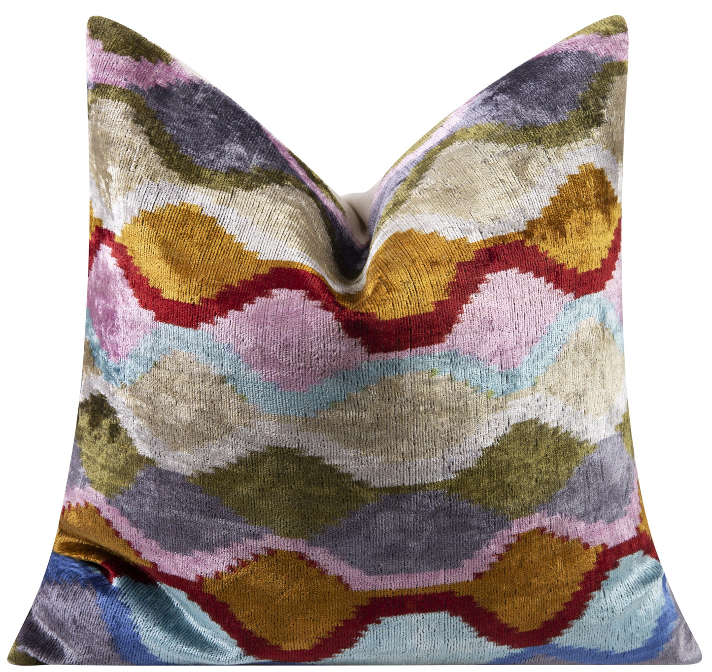 Handmade Velvet Throw Pillow - 16x16 Inches, Naturally Vegetable-Dyed, Premium Down Feather Insert - Multicolor Wave Pattern, Luxury Home Decor Accent-2
