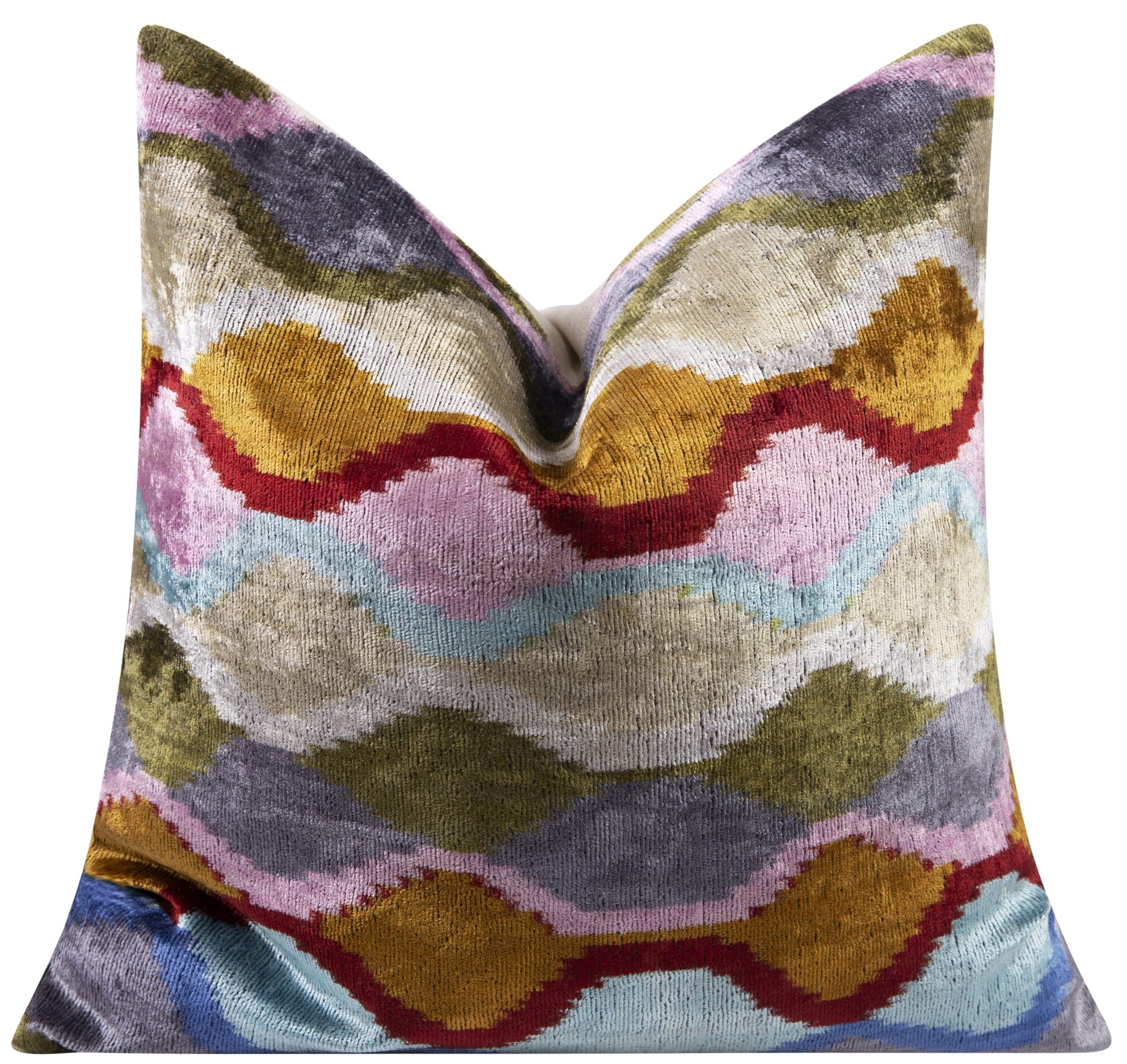 Handmade Velvet Throw Pillow - 16x16 Inches, Naturally Vegetable-Dyed, Premium Down Feather Insert - Multicolor Wave Pattern, Luxury Home Decor Accent-2