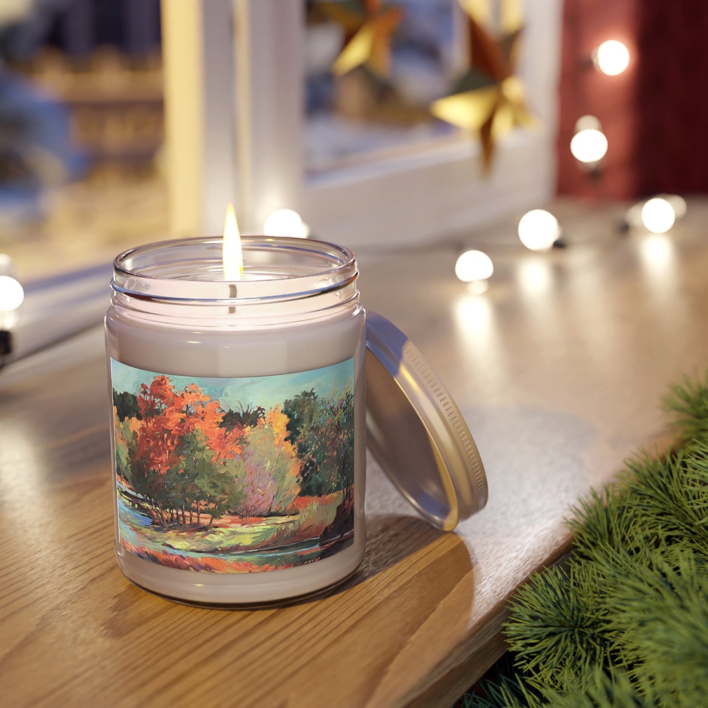 9oz Eco-Friendly Scented or Unscented Soy Wax Candle Jar  with 'Fall River' Artwork by American Artist Barbara Cleary (Fall Collection)