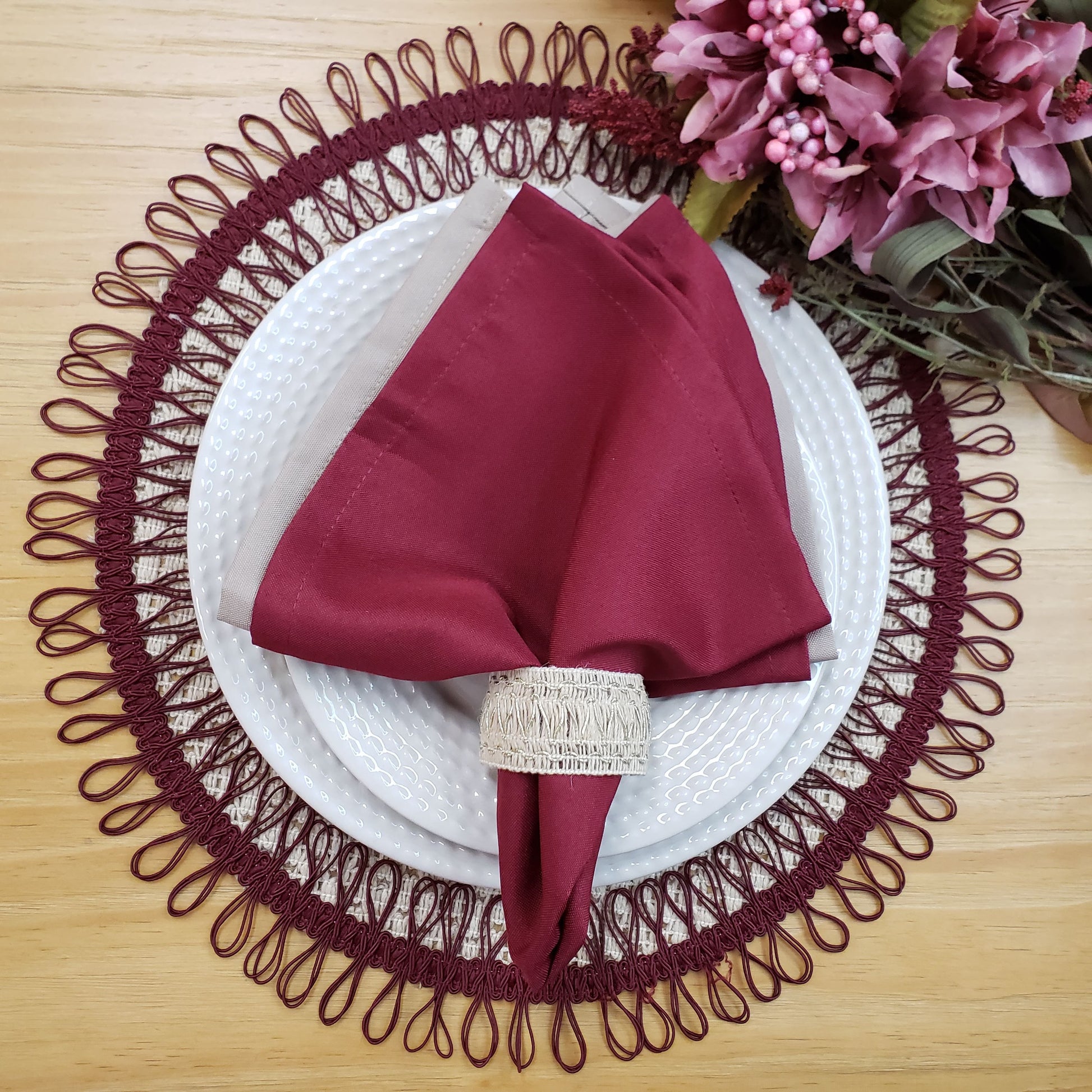 Charlo's Set of 2 Red Wine Sustainable Brazilian Jute Liz Round Placemats Sousplat 16" dia-3
