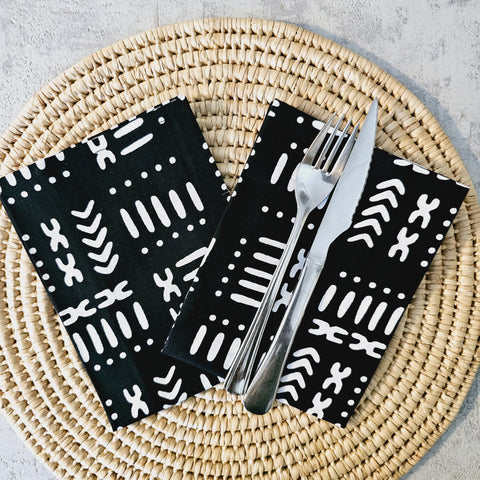 Set of 4 / 8 Napkins | 35x35cm | Black Mudcloth Print, Ankara Wax, 100% Cotton-0