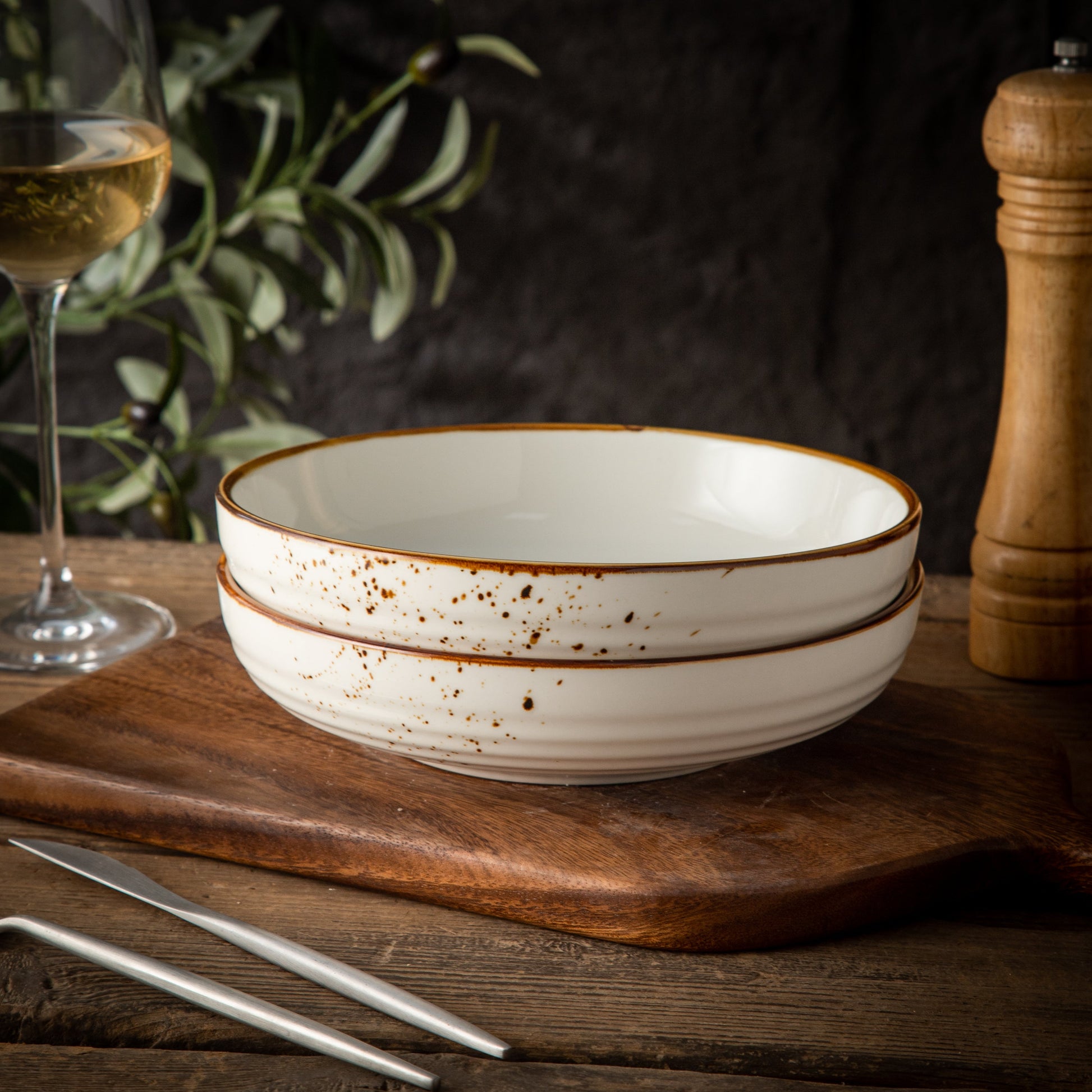 Multipurpose Porcelain Bowls - Set of 2 White Rustic Speckled Design-1