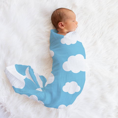 Muslin Swaddle Baby Blanket- Clouds Blue Sky
