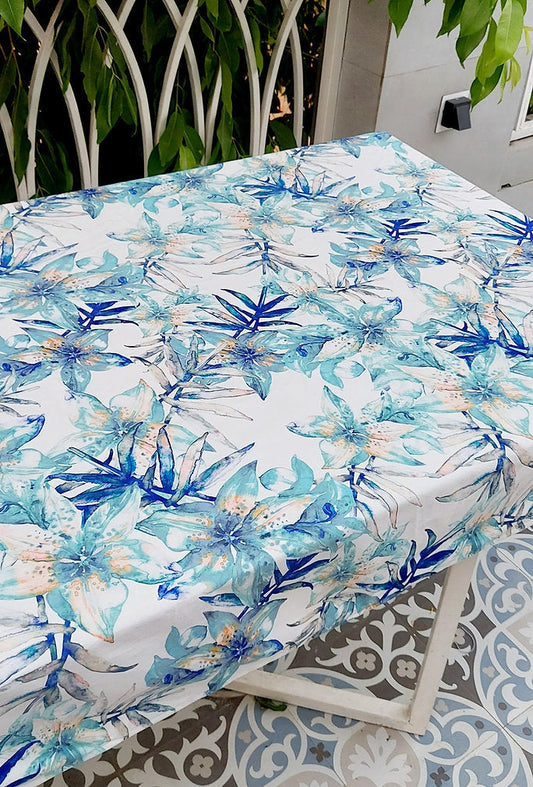 Blue Lily Print Tablecloth | GOTS Certified Organic Cotton | Various Sizes-0