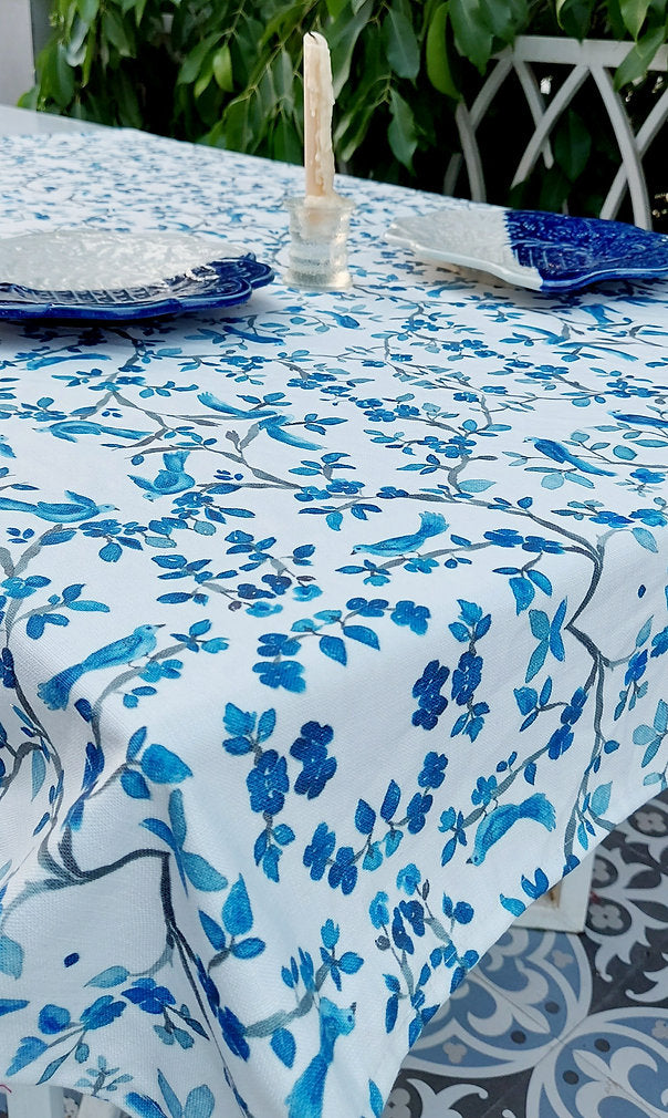 Blue Bird & Branch Print Tablecloth | GOTS Certified Organic Cotton | Various Sizes-3