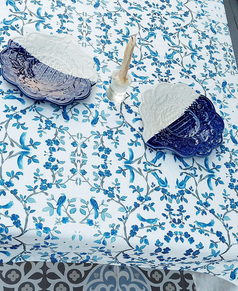 Blue Bird & Branch Print Tablecloth | GOTS Certified Organic Cotton | Various Sizes-2