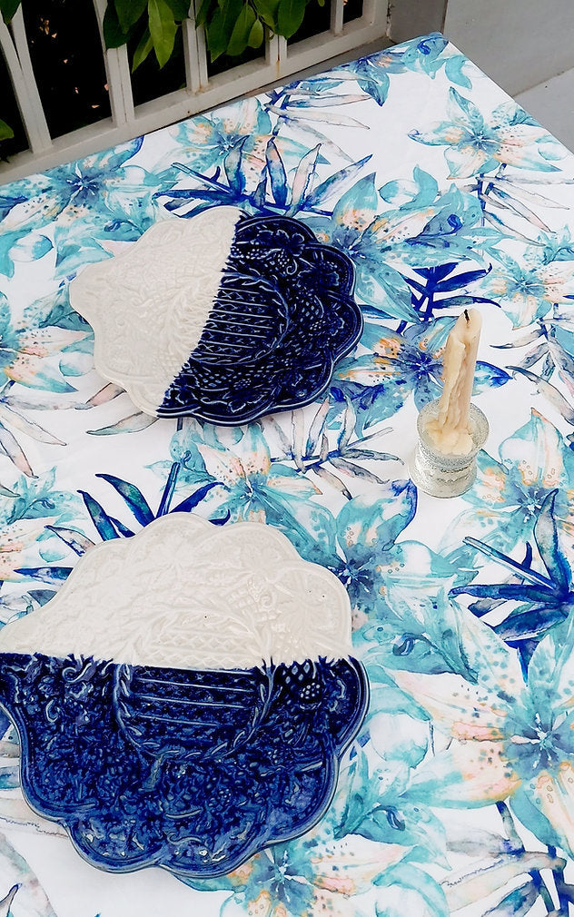 Blue Lily Print Tablecloth | GOTS Certified Organic Cotton | Various Sizes-2