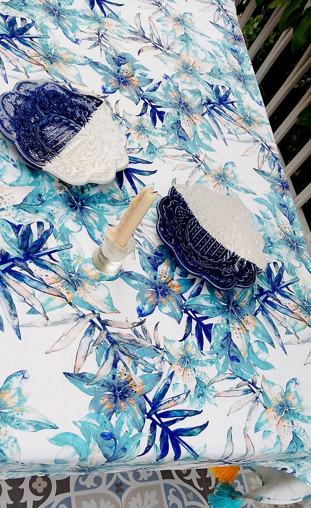 Blue Lily Print Tablecloth | GOTS Certified Organic Cotton | Various Sizes-3