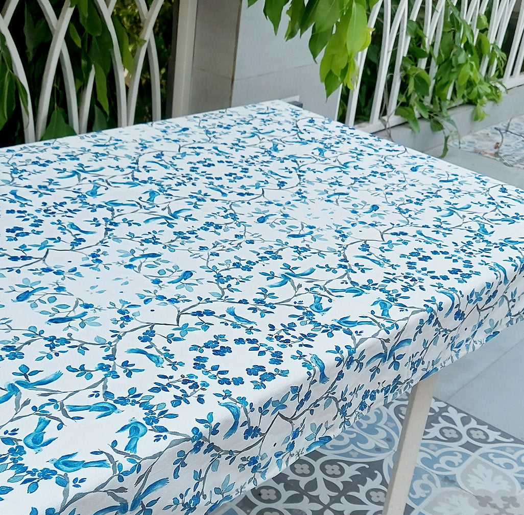 Blue Bird & Branch Print Tablecloth | GOTS Certified Organic Cotton | Various Sizes-0