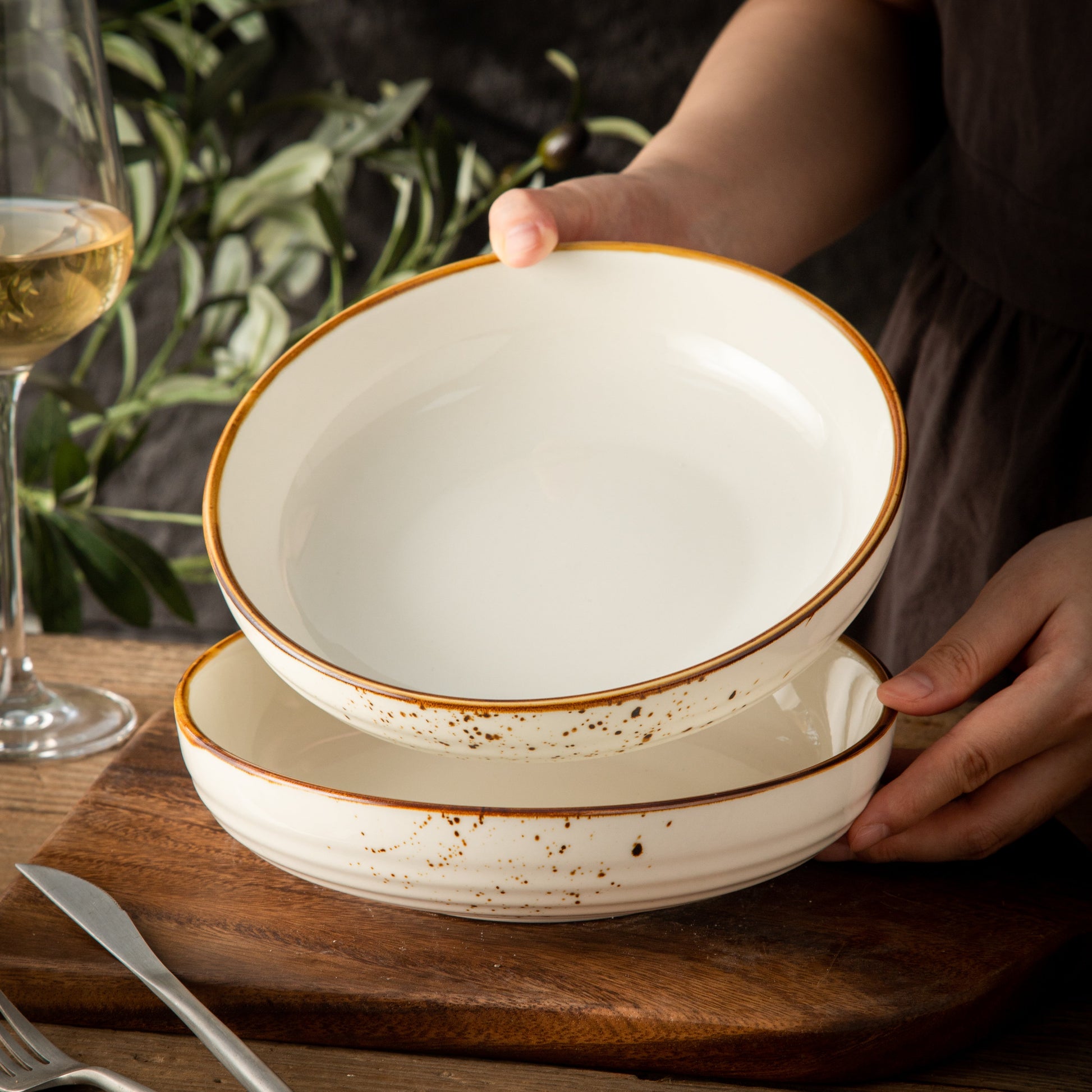 Multipurpose Porcelain Bowls - Set of 2 White Rustic Speckled Design-3