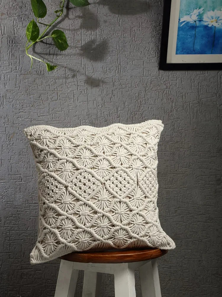 Organic Cotton Macrame Cushion Cover | Handwoven Boho Pillow Case | Natural Cream Decorative Cushion | 40x40cm-0