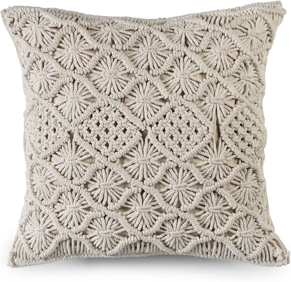 Organic Cotton Macrame Cushion Cover | Handwoven Boho Pillow Case | Natural Cream Decorative Cushion | 40x40cm-1