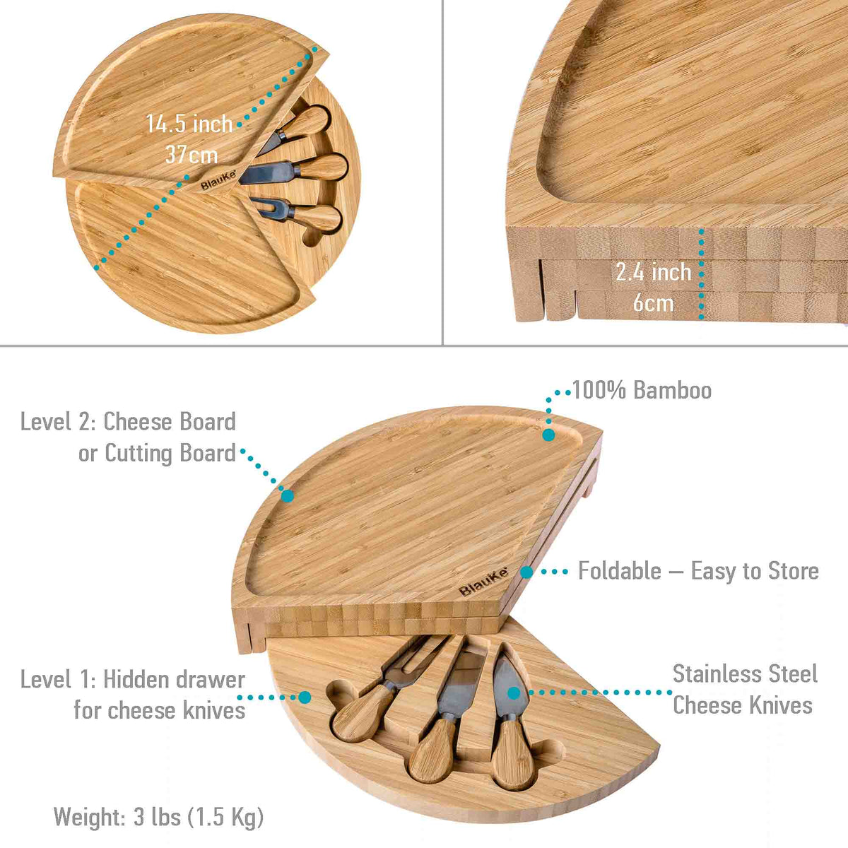 Bamboo Cheese Board and Knife Set - 14 Inch