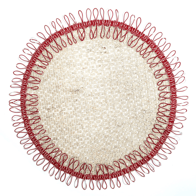 Charlo's Set of 2 Red Beige Sustainable Brazilian Jute Liz Round Placemats Sousplat 16" dia-0
