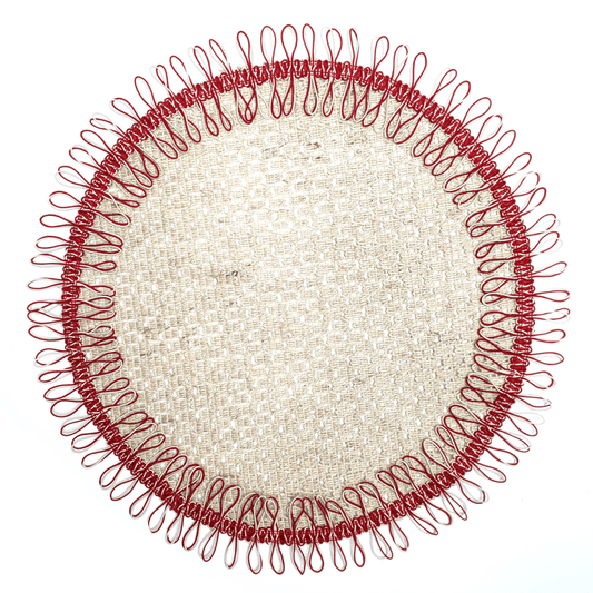 Charlo's Set of 2 Red Beige Sustainable Brazilian Jute Liz Round Placemats Sousplat 16" dia-0