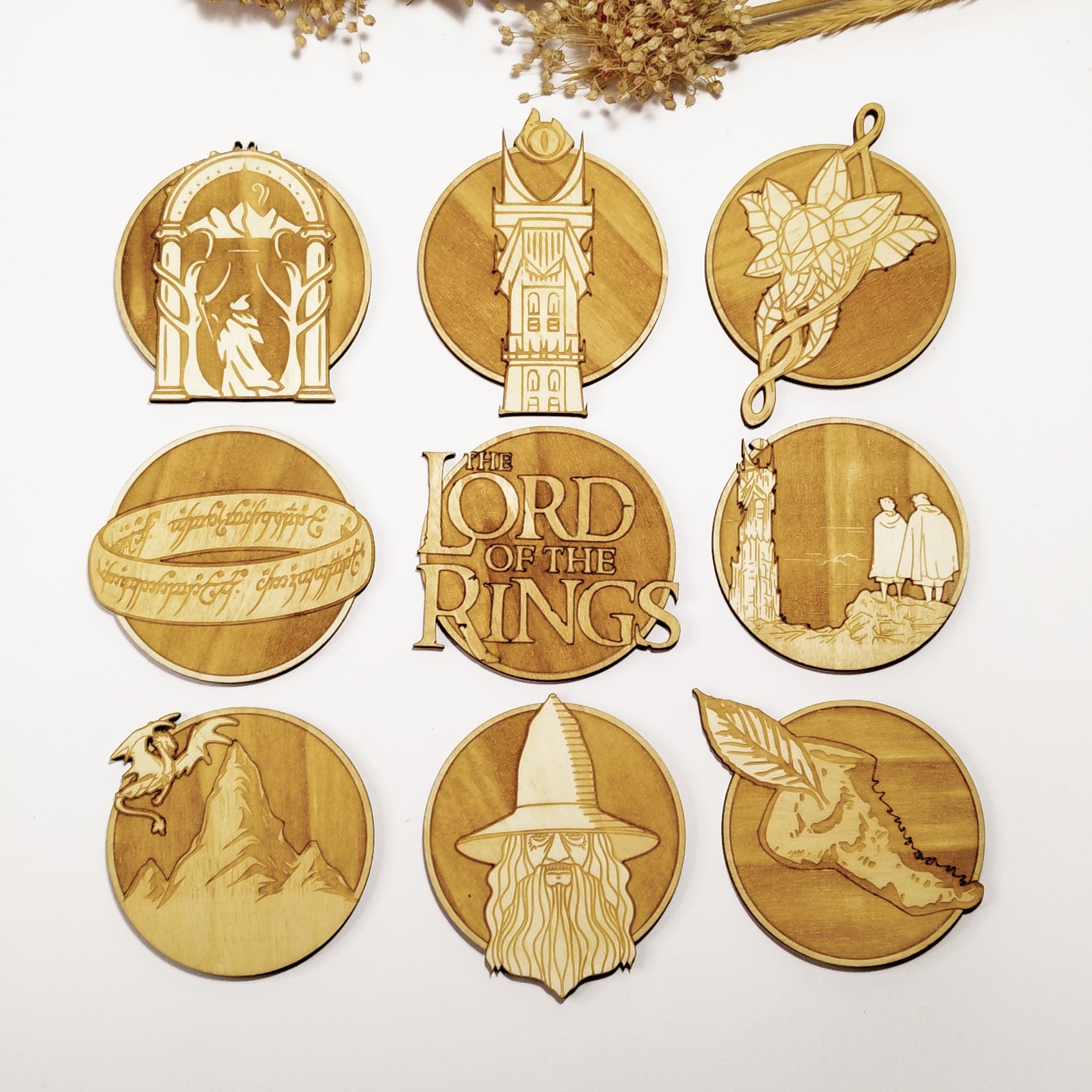 Set of 9 Lord of The Rings Wooden Coasters - Handmade Gift - Housewarming - Wood Kitchenware - LOTR-0