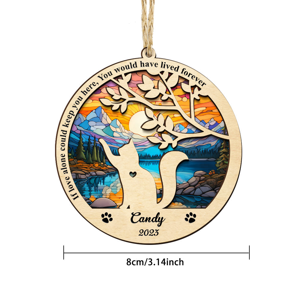 Custom cat memorial suncatcher, wooden frame with pet silhouette, personalized sympathy gift, memorial ornament.