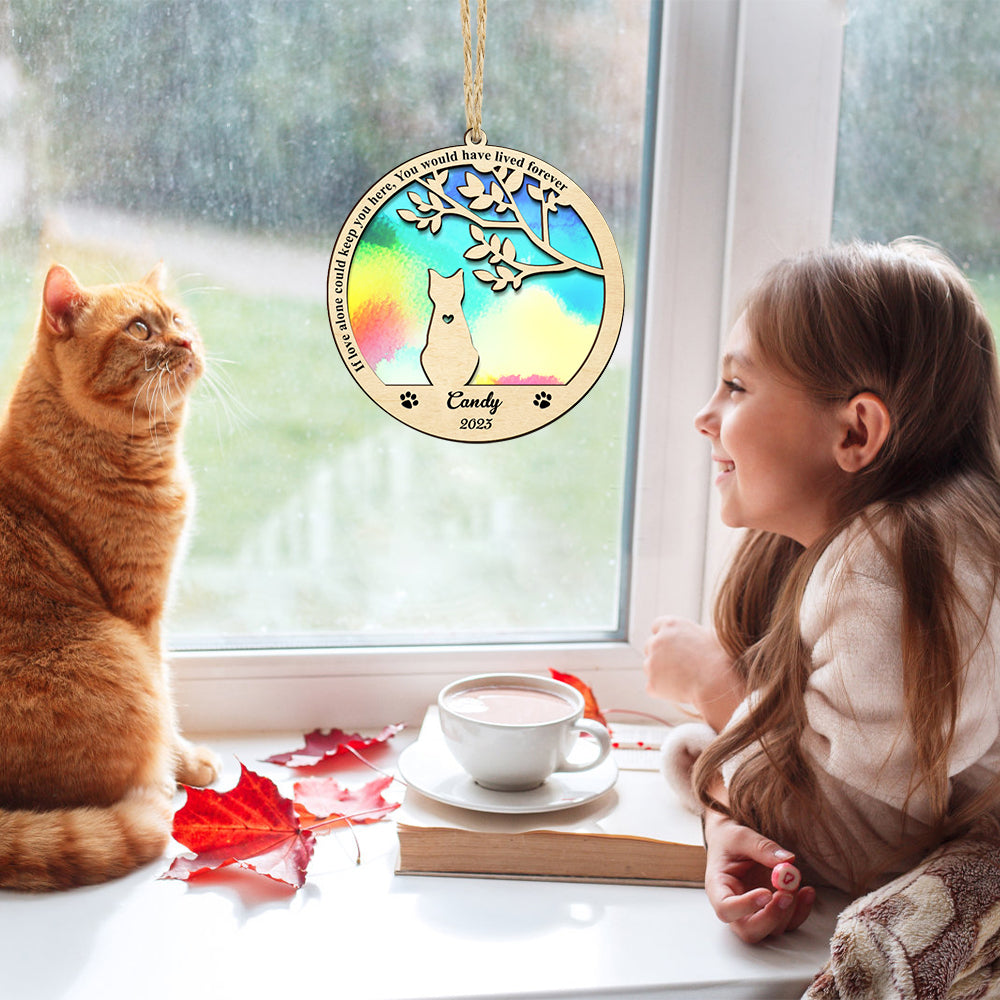 Cat memorial suncatcher by window. Personalized pet loss gift.