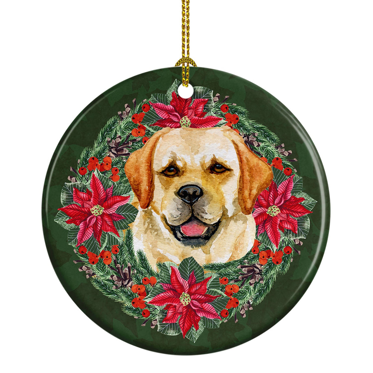 Golden Retriever Poinsettia Wreath Ceramic Ornament