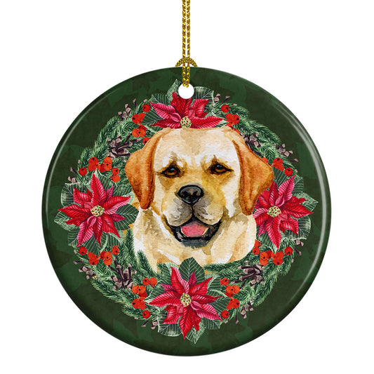 Golden Retriever Poinsettia Wreath Ceramic Ornament