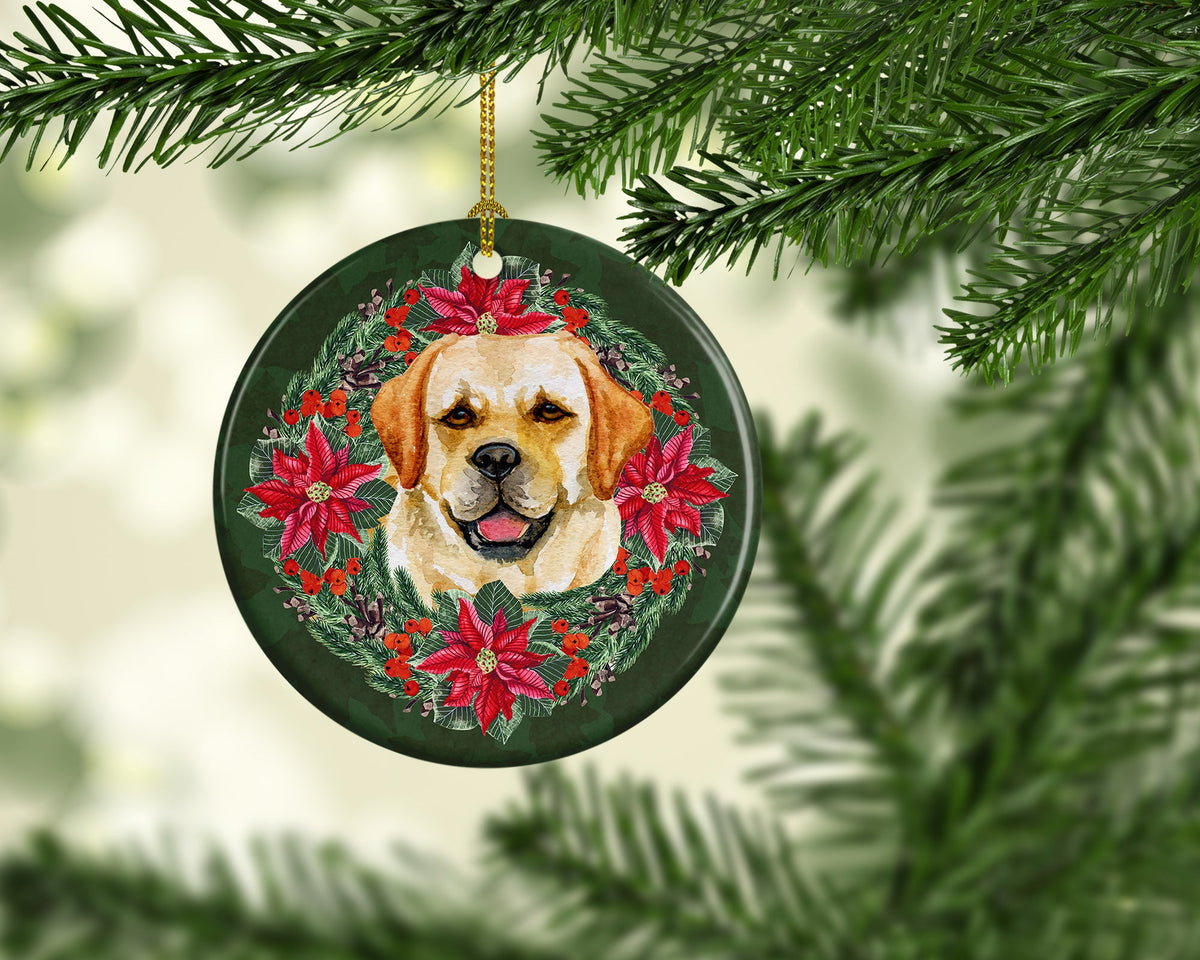 Golden Retriever Poinsettia Wreath Ceramic Ornament