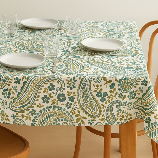 Organic Linen Paisley Tablecloth – White Teal, White Sand, Ivory Multi, Beige Navy, Mineral Red – Rectangular, Square & Round Sizes-0