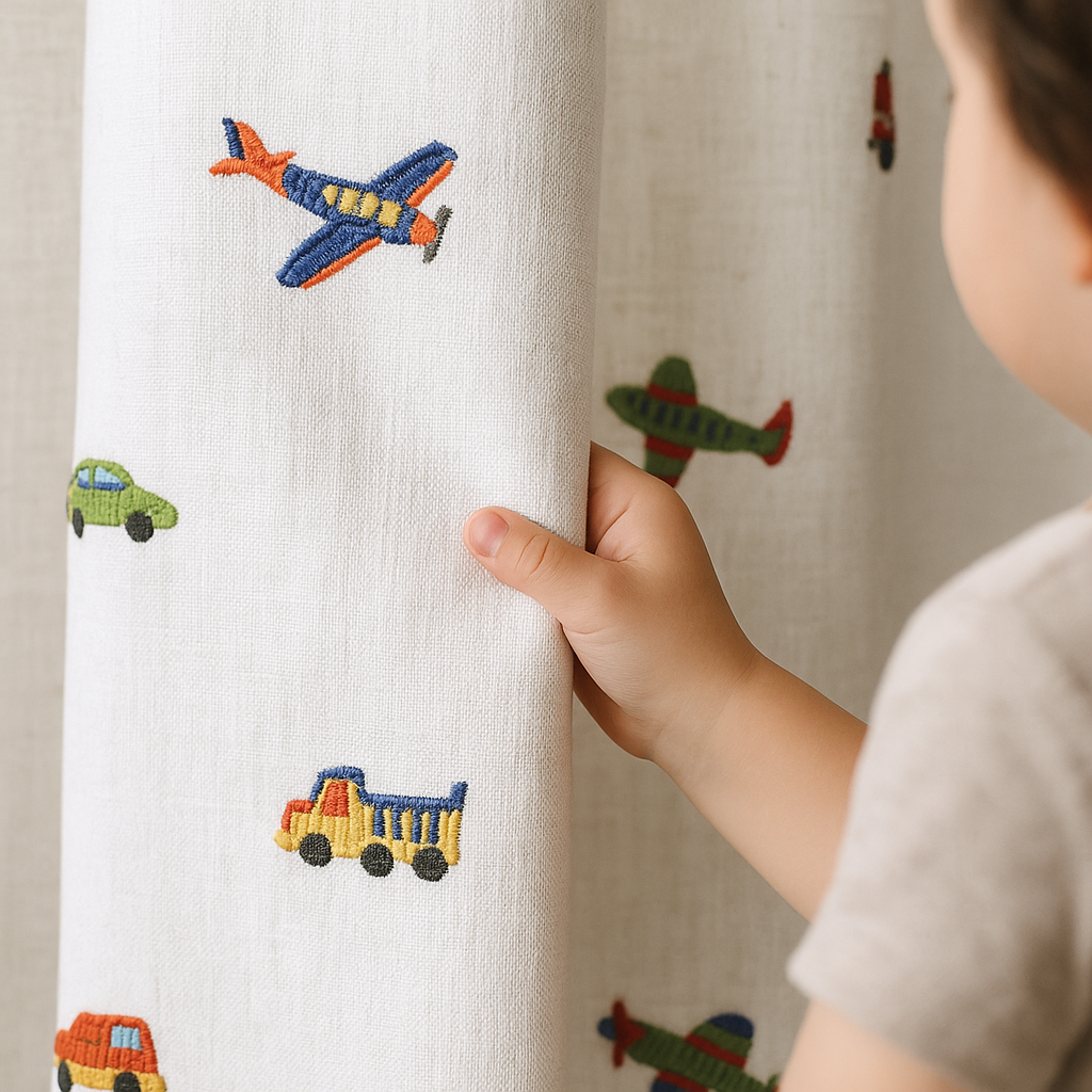Kids Linen Curtains with Vehicles Embroidery | Custom Sizes | Blackout or Light Filtering | OEKO-TEX Certified-0