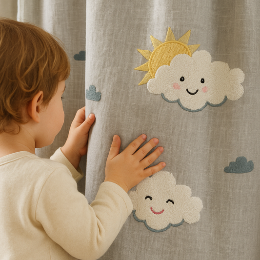 Kids Linen Curtains with Cute Clouds & Sun Embroidery | Extra Wide & Long | Blackout & Light Filtering Options | Custom Sizes | Nursery & Children’s Room Drapes-0