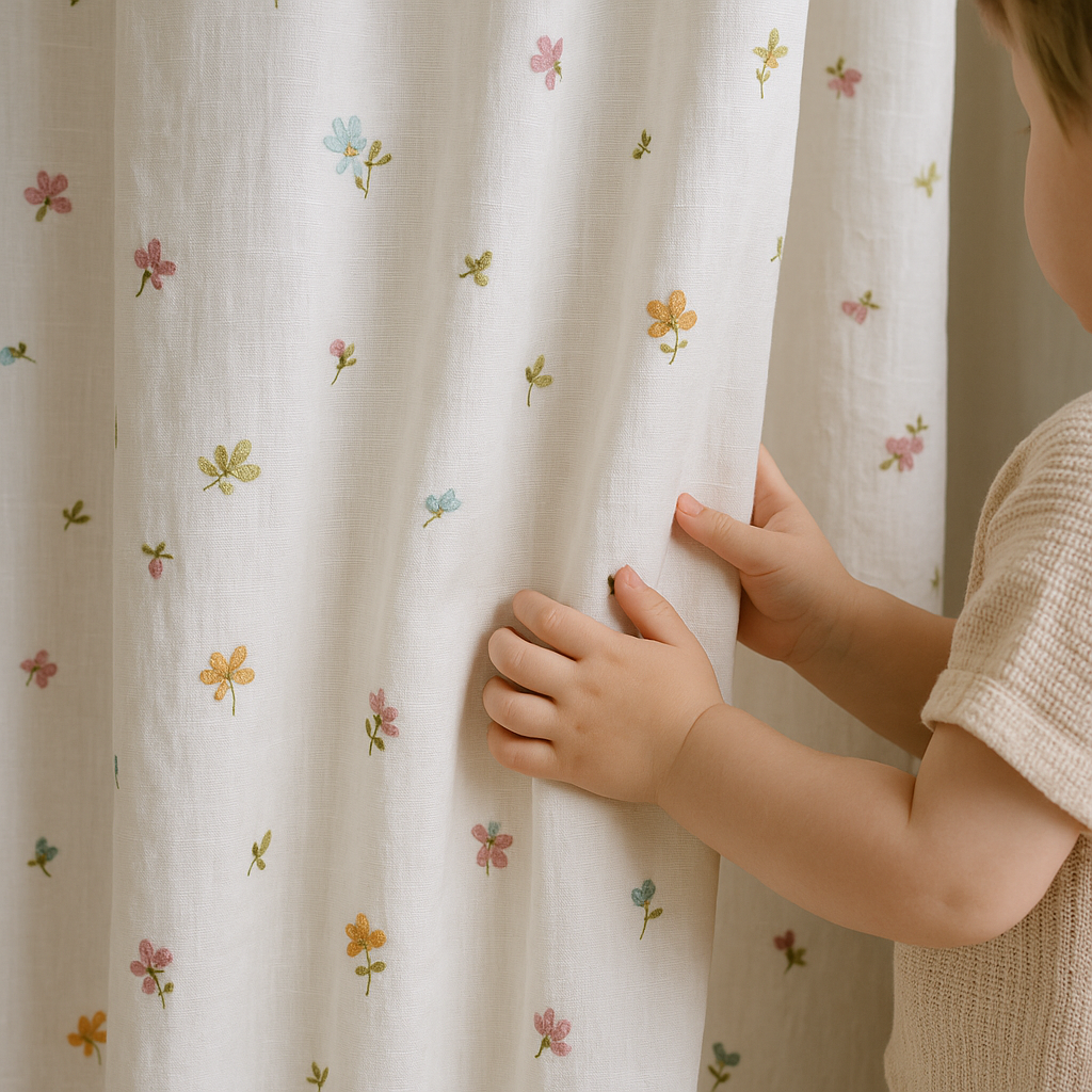 Embroidered Linen Kids Curtains – Soft White Floral Curtain Panel with Custom Sizes – Optional Blackout or Cotton Lining – Rod or Track Compatible-0