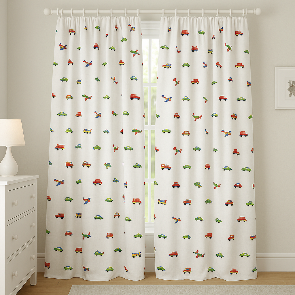 Kids Linen Curtains with Vehicles Embroidery | Custom Sizes | Blackout or Light Filtering | OEKO-TEX Certified-1