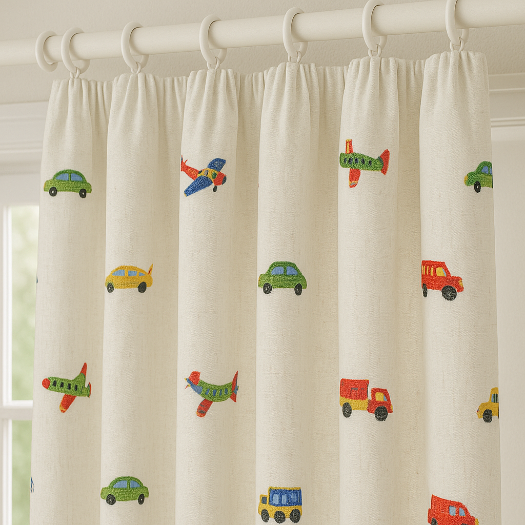 Kids Linen Curtains with Vehicles Embroidery | Custom Sizes | Blackout or Light Filtering | OEKO-TEX Certified-3
