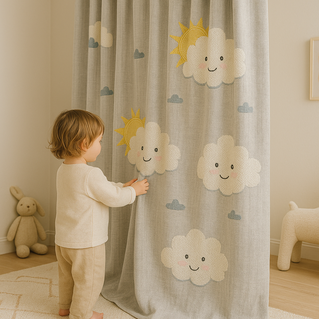 Kids Linen Curtains with Cute Clouds & Sun Embroidery | Extra Wide & Long | Blackout & Light Filtering Options | Custom Sizes | Nursery & Children’s Room Drapes-2