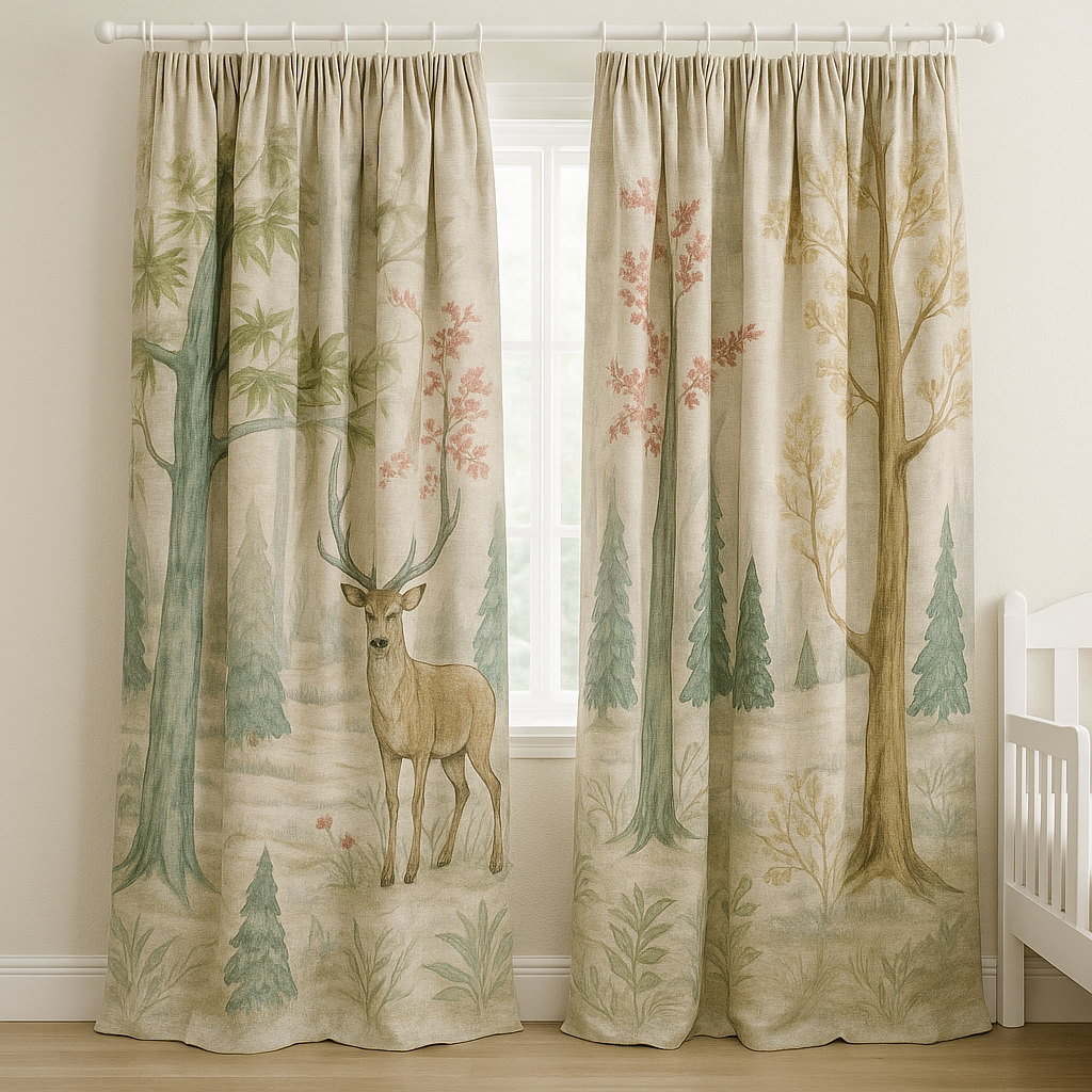 Storybook Forest Pure Linen Curtains – Custom Sizes – Kids Room & Nursery – With Cotton or Blackout Lining-1
