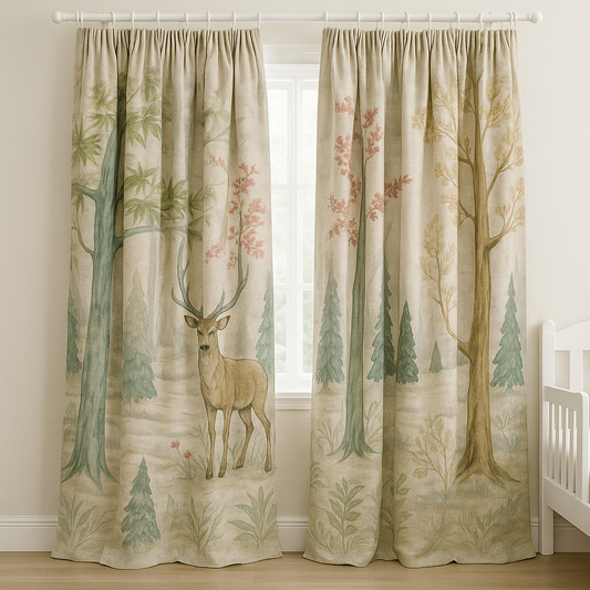 Storybook Forest Pure Linen Curtains – Custom Sizes – Kids Room & Nursery – With Cotton or Blackout Lining-1