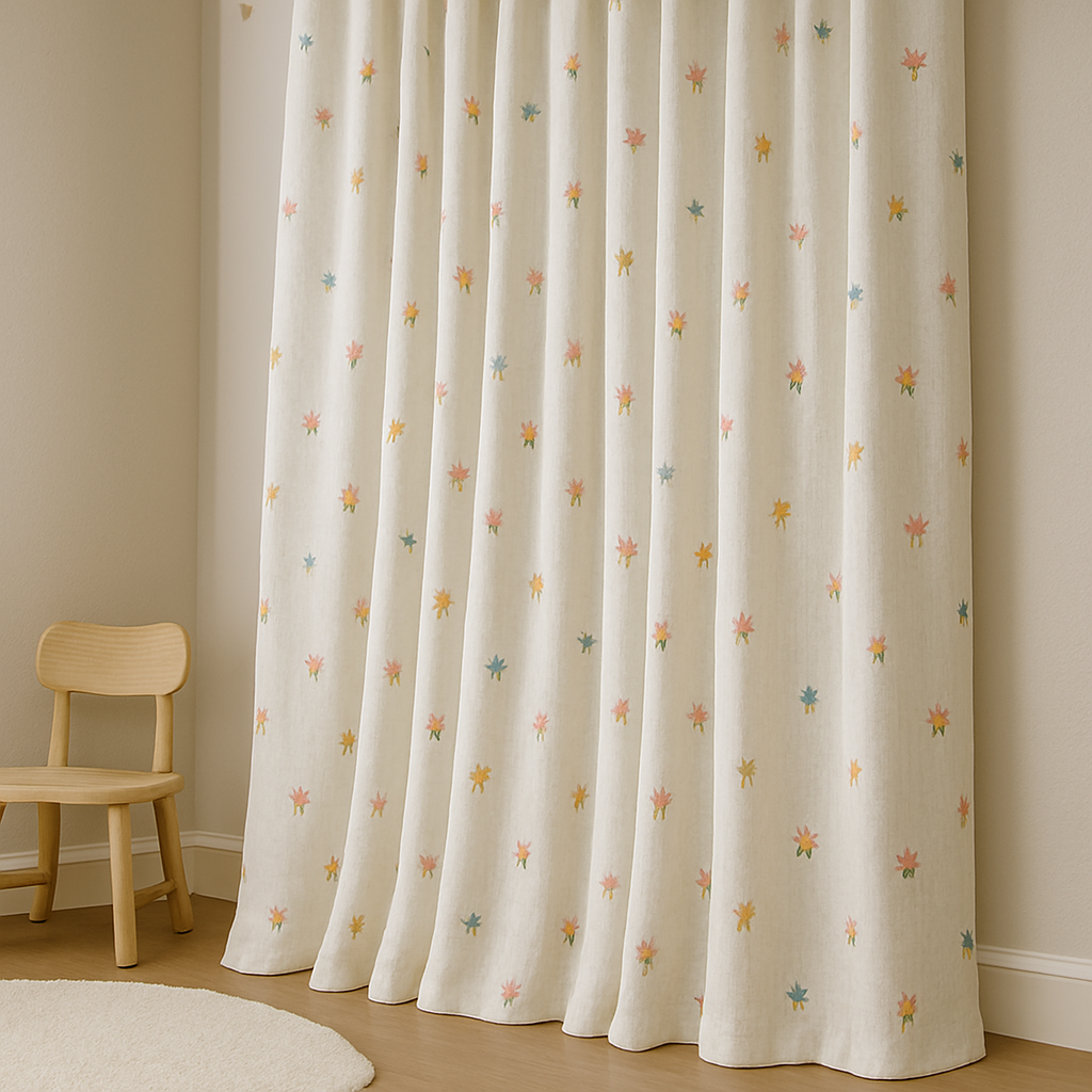 Embroidered Linen Kids Curtains – Soft White Floral Curtain Panel with Custom Sizes – Optional Blackout or Cotton Lining – Rod or Track Compatible-3