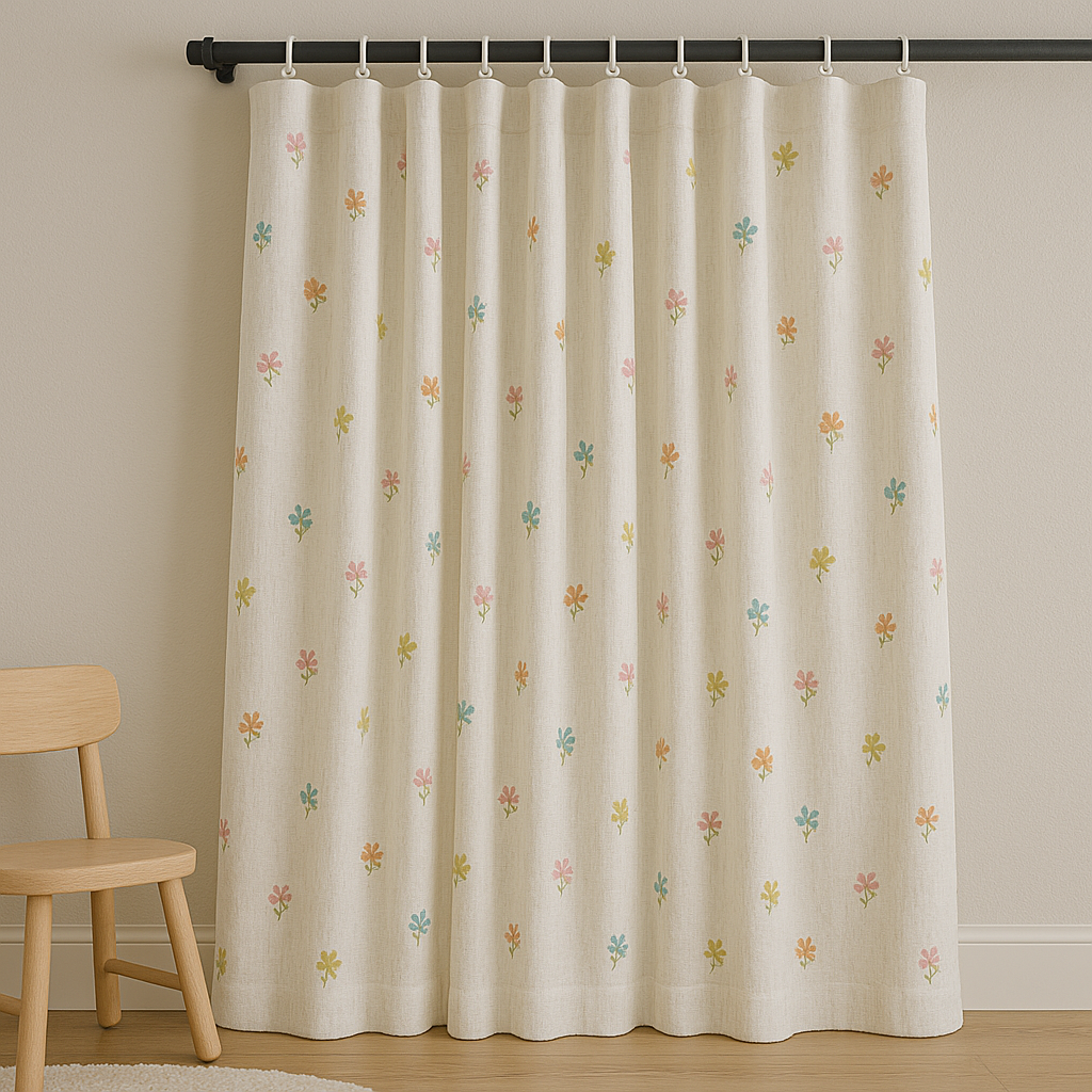 Embroidered Linen Kids Curtains – Soft White Floral Curtain Panel with Custom Sizes – Optional Blackout or Cotton Lining – Rod or Track Compatible-4