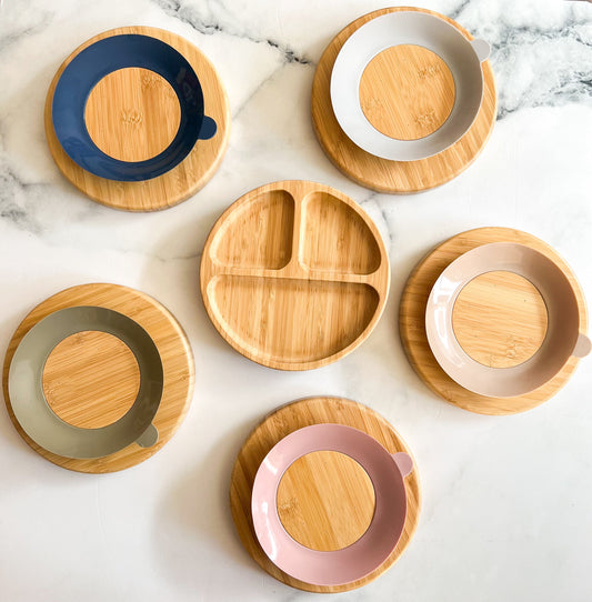 Suction-base bamboo plate with compartments/Assiette en Bambou Compartimentée à Ventouse