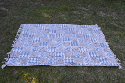 INDIGO DYED HANDWOVEN BLOCK PRINTED COTTON RUG WITH FLORAL DESIGN-1