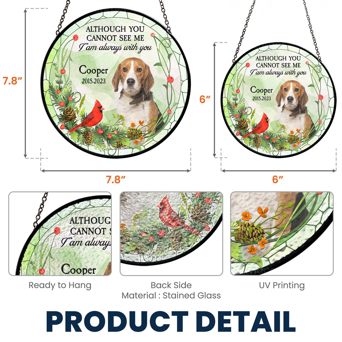 Personalized Pet Memorial Suncatcher with dog photo and paw prints message, stained glass window hanging