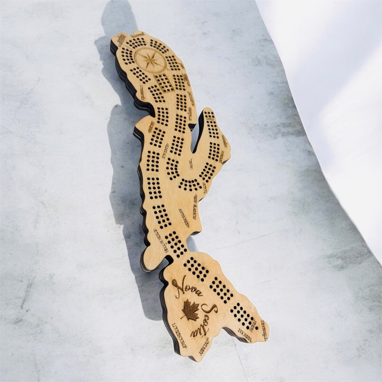 Nova Scotia Map Cribbage Board – 3 Player Wooden Crib Board with Engraved Cities